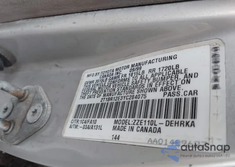 2000 Toyota Corolla Ve z USA, uszkodzony, nr VIN 2T1BR12E3YC284075